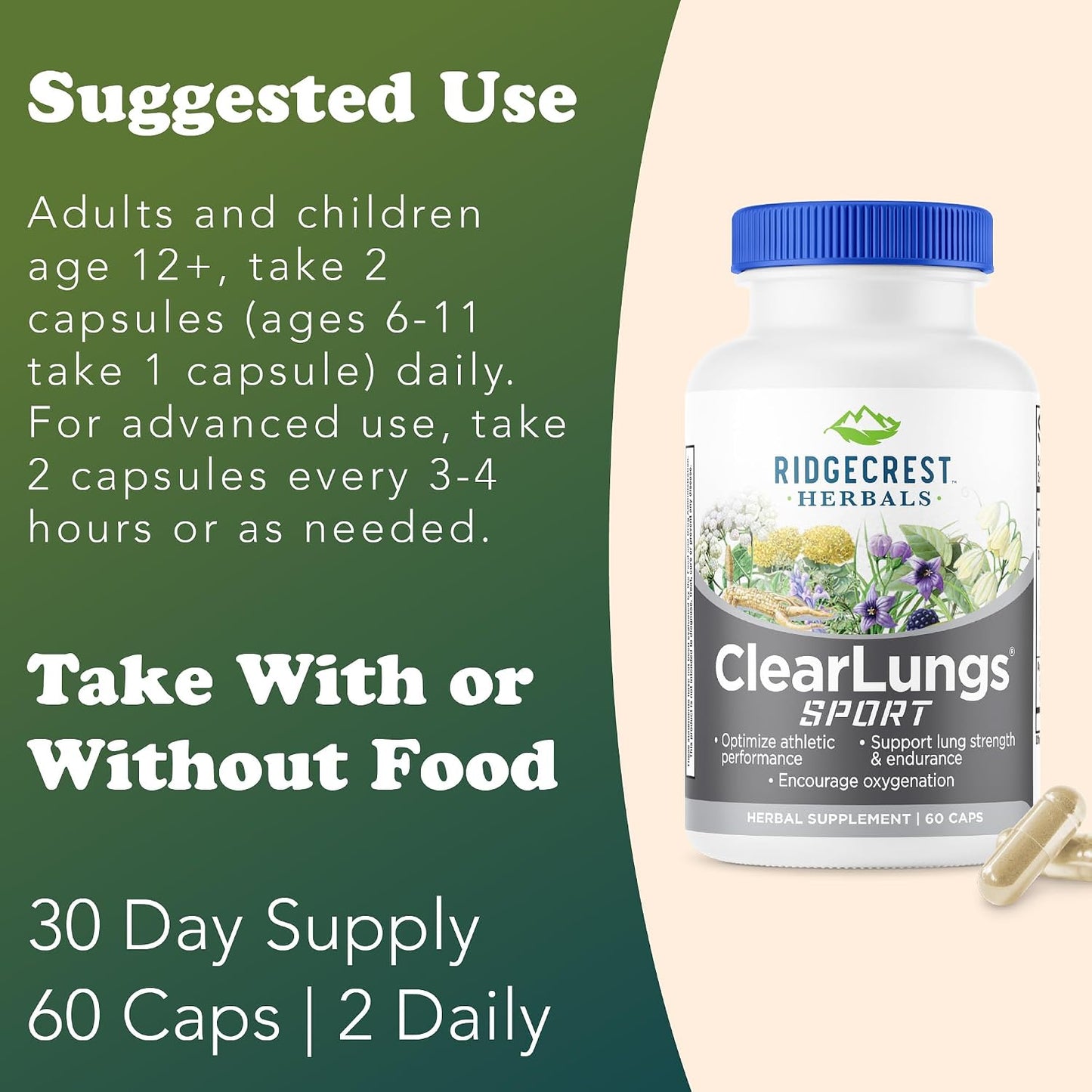 RidgeCrest Herbals ClearLungs Sport Oxygen and Lung Support 60 Ct | 30 Servings, Cordyceps, Rhodiola, Eleuthero, Natural Endurance, Stamina and Athletic Performance Support Formula