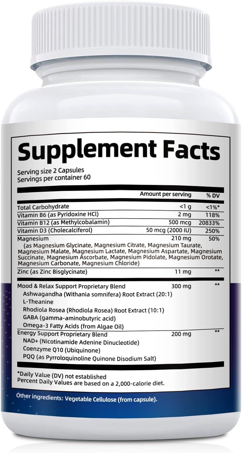 Migcopat Magnesium Complex w/Magnesium Glycinate, Malate, Citrate | 24-in-1 Magnesium Supplement w/Ashwagandha, L-Theanine & NAD+ | Supports Calm, Energy, Muscle & Sleep | Non-GMO, 120 Vegan Caps