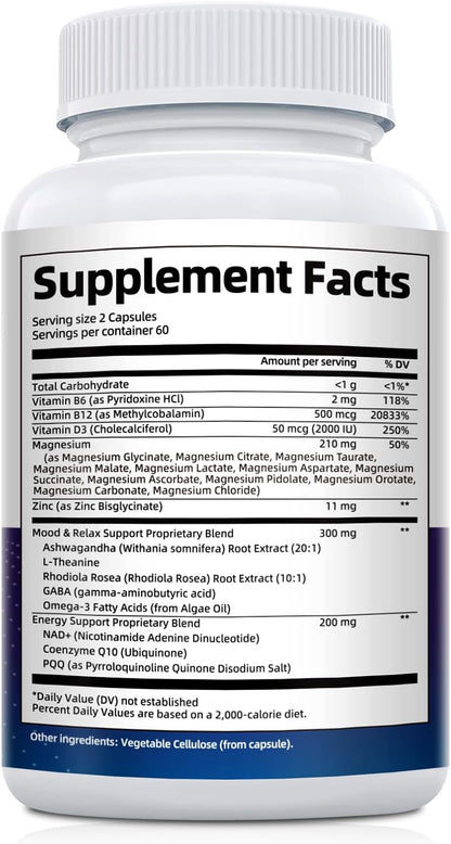 Migcopat Magnesium Complex w/Magnesium Glycinate, Malate, Citrate | 24-in-1 Magnesium Supplement w/Ashwagandha, L-Theanine & NAD+ | Supports Calm, Energy, Muscle & Sleep | Non-GMO, 120 Vegan Caps