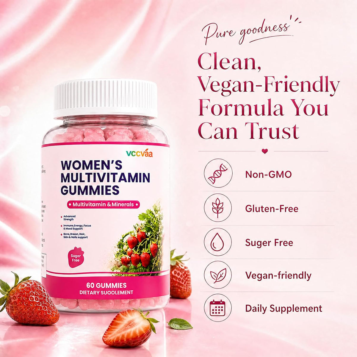 Sugar Free Multivitamin Gummies for Women 14+ with Iron, Inositol, Folate, Vitamins A C D3 E B12 K2, Herbal & Mineral Blend, Daily Vegan Gummy for Hair, Skin, Energy, Immune Support – 60 Count