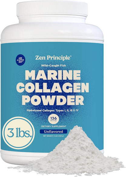 Zen Principle Marine Collagen Peptides Powder 3 lb. Wild-Caught Fish, Non-GMO. Supports Healthy Skin, Hair, Joints and Bones. Hydrolyzed Types I, II, III & IV Protein. Amino Acids. Easy to Mix.