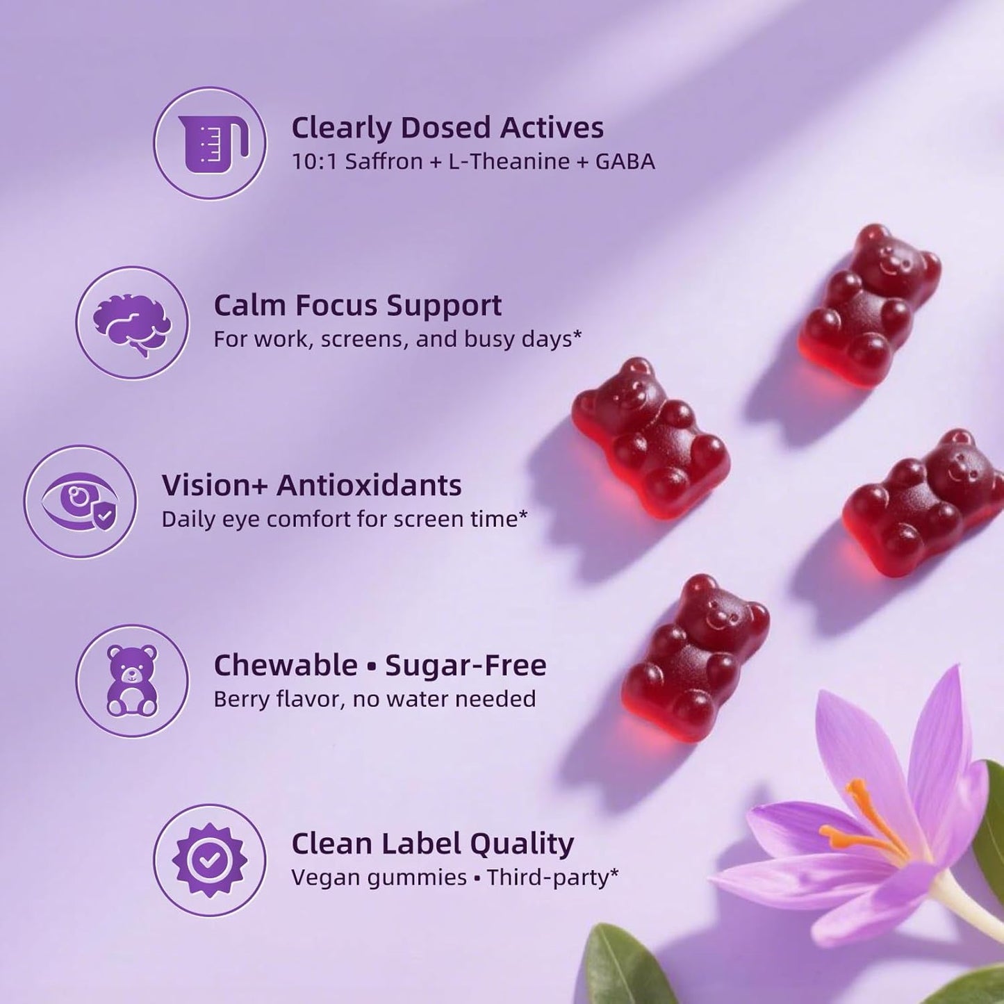 Saffron Gummies 88.5mg with L-Theanine 200mg, GABA for Mood, Focus & Vision | 10-in-1 Supplements for Adults with Ashwagandha, Eye Support Blend, GMP Certified, Sugar Free, Vegan, 60 Day Supply