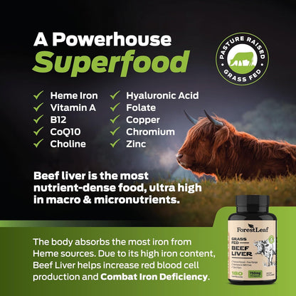 ForestLeaf Grass Fed Beef Liver Capsules, 3000mg Per Serving, Supports Immunity & Body Wellness, Cleansing, Digestion, Natural Iron, Vitamin A and B12, Freeze Dried Beef Liver Supplement, 180 Caps