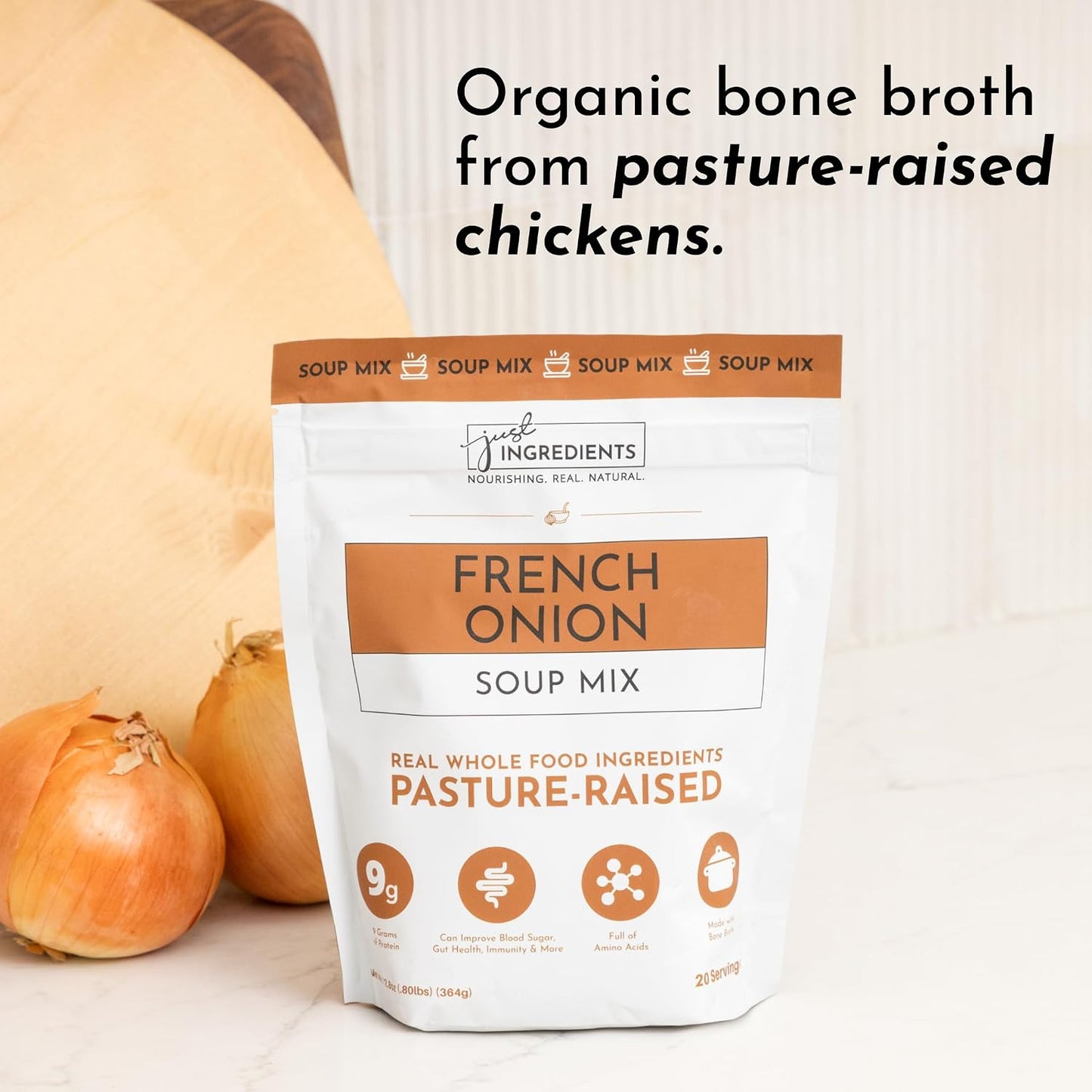 Just Ingredients French Onion Soup Mix Powder - 20 Servings, 9g Protein, Bone Broth, Gut Health