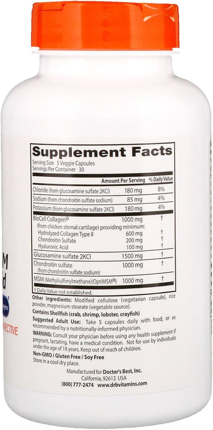 Doctor's Best Glucosamine Chondroitin MSM + Hyaluronic Acid with OptiMSM Featuring Biocell Collagen, Joint Support, Non-GMO, Gluten & Soy Free, 150 Caps