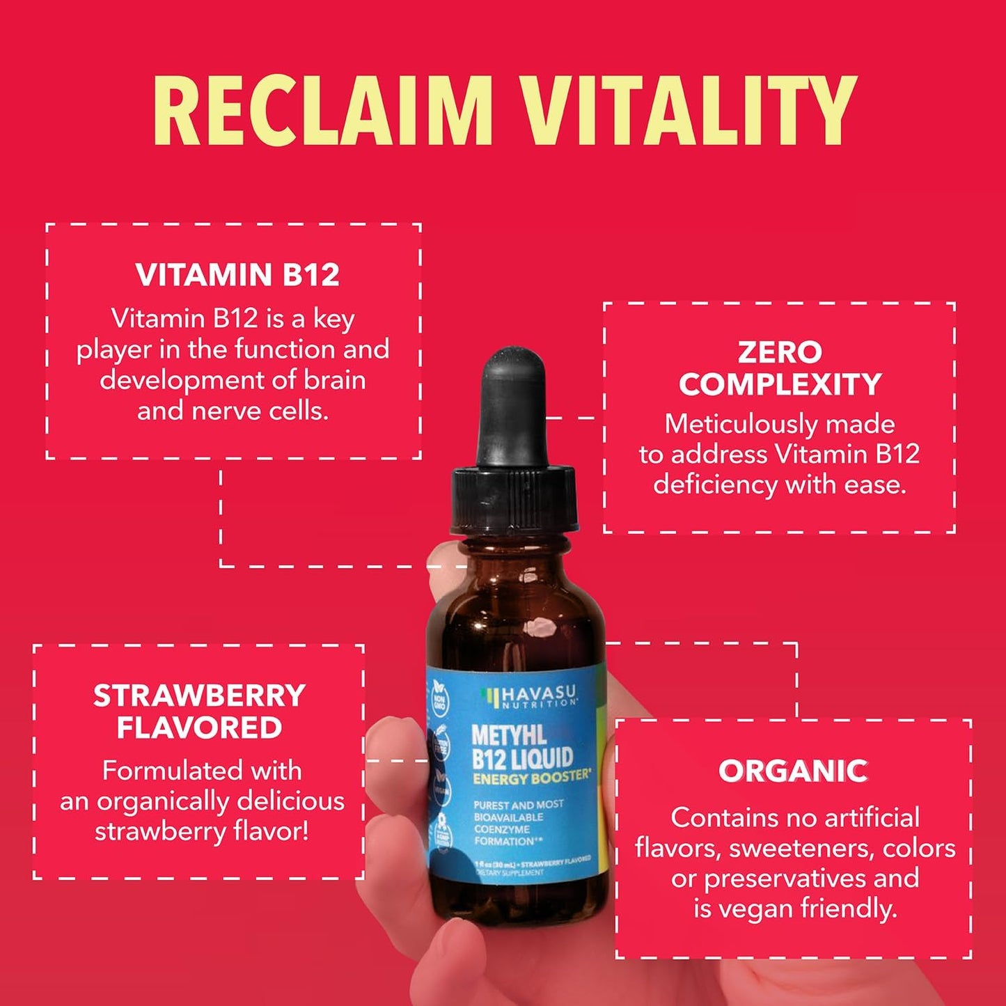 Organic Vitamin B12 Liquid Drops, Strawberry, Enhanced Energy, 1 Fl Oz | USDA Organic Vitamin B12 Liquid Drops, Highly Bioavailable Methylcobalamin for Nervous System Support, 30 Servings, Non-GMO