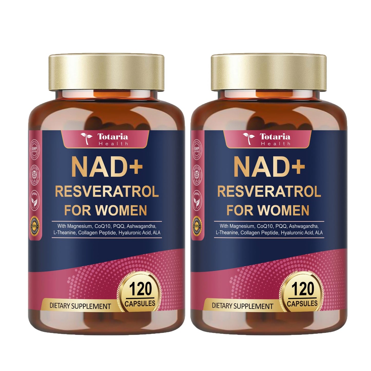 Totaria NAD+ Supplement for Women - NAD Trans-Resveratrol Supplement with Magnesium,CoQ10,PQQ, Ashwagandha,Collagen Peptide - NMN & NMNH Alternative - Cellular Renewal & Energy - 120 Capsules