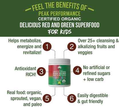 Kids Greens and Reds Superfood Powder - Best Tasting Organic Vegan Super Food Juice with 25+ Fruits and Vegetables - Gluten Free Real Food Vitamins - Green and Red Superfoods Supplement for Children