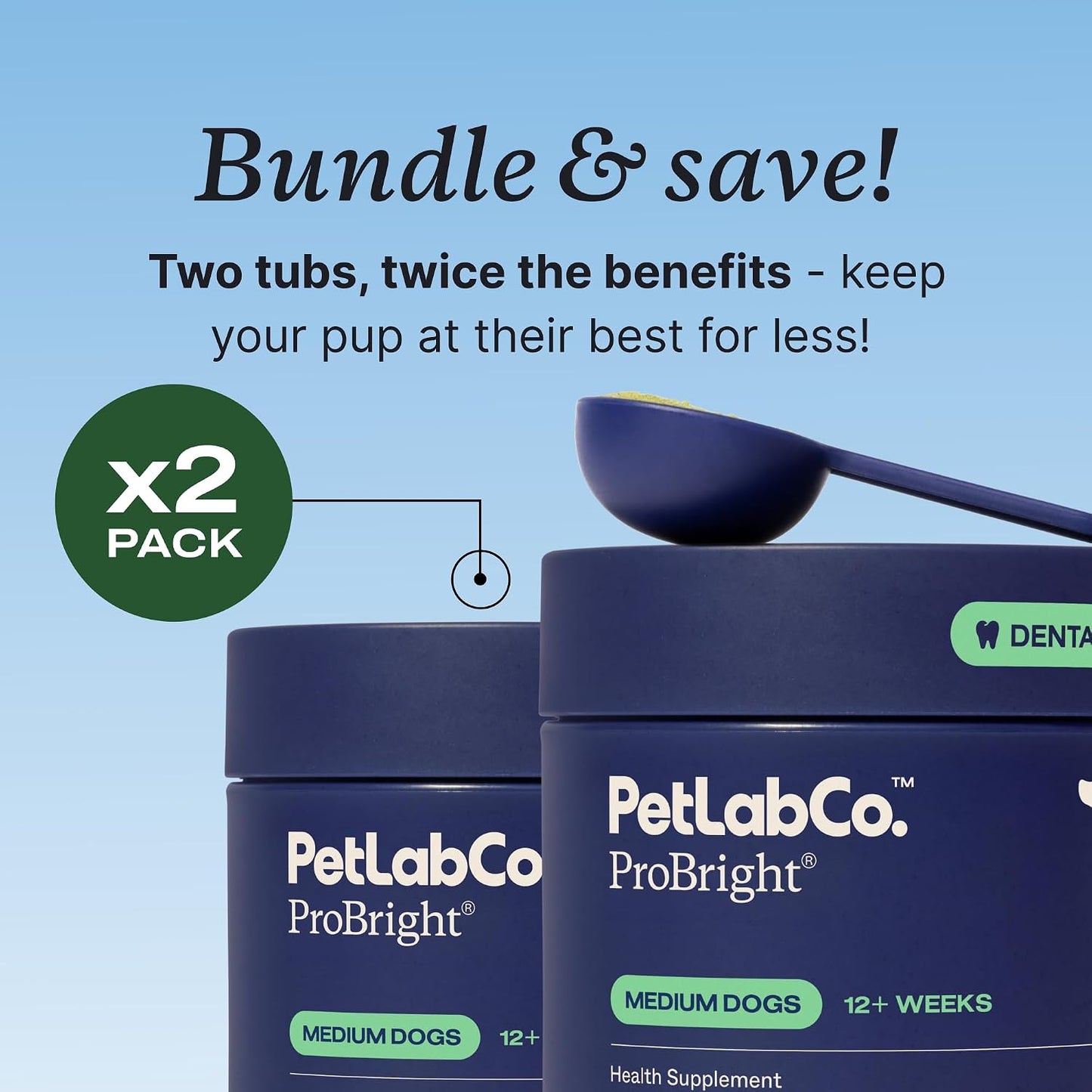 PetLab Co. ProBright Dental Powder - Dog Breath Freshener - Teeth Cleaning Made Easy – Targets Tartar & Bad Breath - Formulated for Medium Size Dogs - Pack of 2