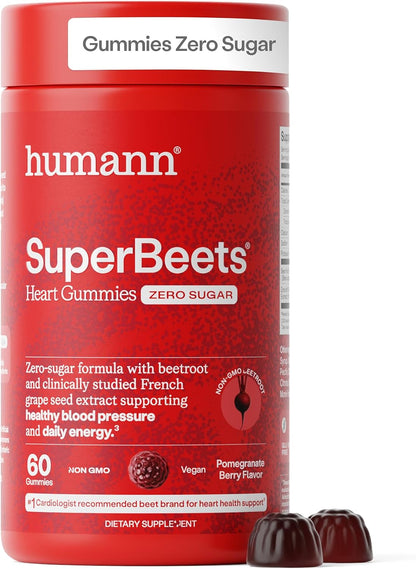 HumanN SuperBeets Heart Gummies Zero Sugar - Beet Gummy with Energy Support, Grape Seed Extract & Beetroot Powder - 60 Count