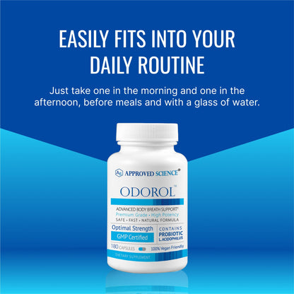 Approved Science Odorol - 60 Capsules - Freshen Bad Breath and Body Odor - Contains L.acidophilus, Green Tea, Magnolia Bark, Peppermint Oil, and Fennel - All Natural, Vegan Friendly, Non-GMO
