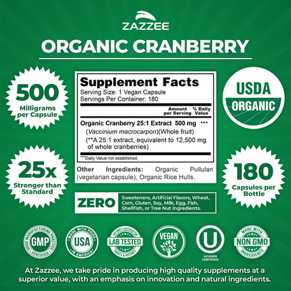 Zazzee USDA Organic Cranberry 25:1 Extract, 500 mg per Capsule, 100 Vegan Capsules, 3+ Month Supply, Certified Kosher, Vaccinium Macrocarpon, Non-GMO, Made in the USA