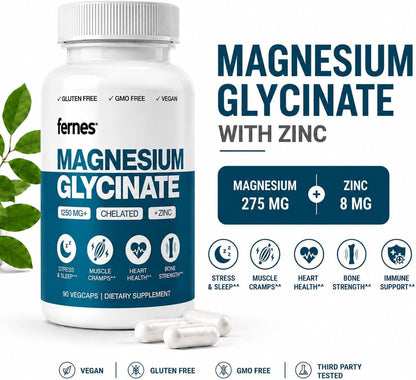 Magnesium Glycinate with Zinc - 275mg Elemental Magnesium + 8mg Zinc for Active Adults, Athletes & Anyone Under Stress Who Need Better Sleep, Muscle Recovery and Immune Support, 90 Capsules