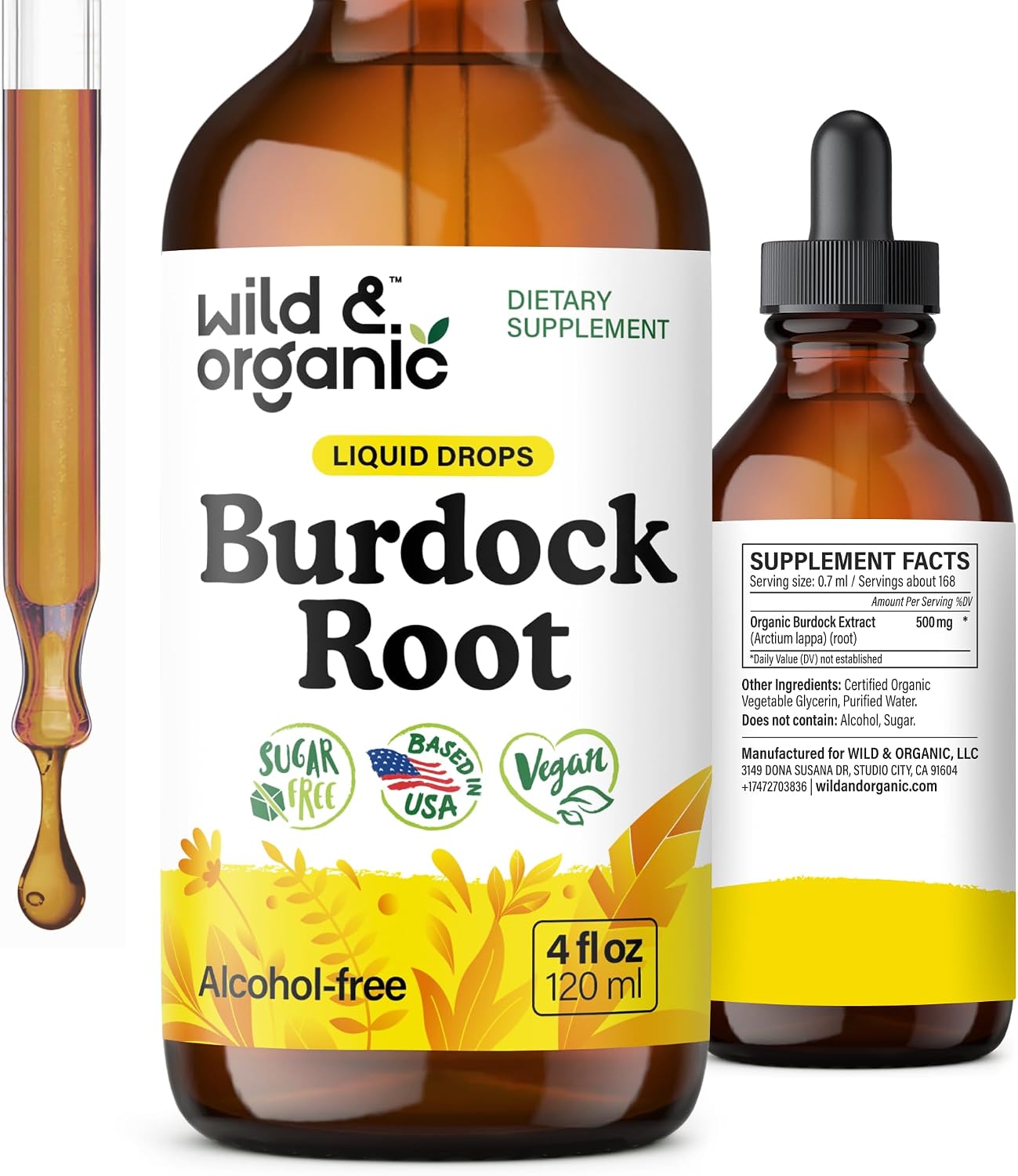 Wild & Organic Burdock Root Tincture - Antioxidant, Detox & Lymphatic Support - Burdock Root Extract Drops - Arctium Lappa Herb Supplement - Add to Tea - Vegan, Sugar & Alcohol-Free - 4 fl oz