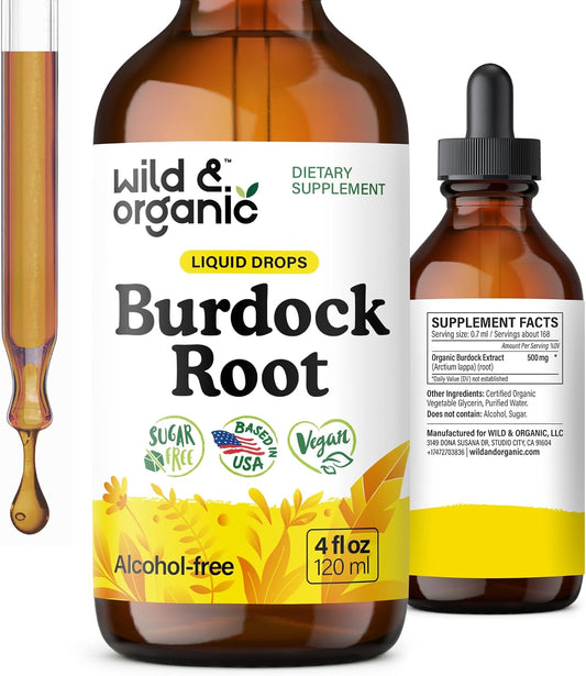 Wild & Organic Burdock Root Tincture - Antioxidant, Detox & Lymphatic Support - Burdock Root Extract Drops - Arctium Lappa Herb Supplement - Add to Tea - Vegan, Sugar & Alcohol-Free - 4 fl oz