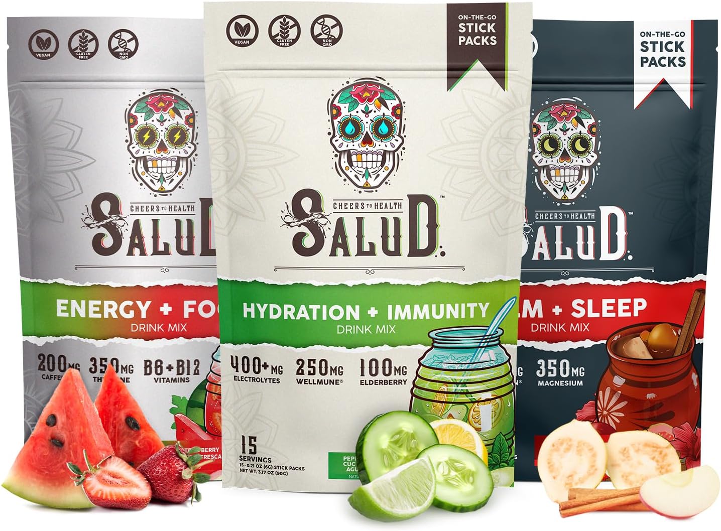 Salud Variety 3-Pack | 2-in-1 Energy + Focus (Strawberry Watermelon), Hydration + Immunity (Cucumber Lime) & Calm + Sleep (Punch) – 15 Servings Each, Non-GMO, Gluten Free, Low Calorie, 1g of Sugar