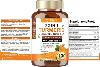 22-in-1 Turmeric Curcumin 2348mg - 95% Curcuminoids with Black Pepper, MCT Oil & Vitamin C - High Absorption Turmeric Curcumin Supplement for Antioxidant, Joint & Immune Support - 120 Capsules