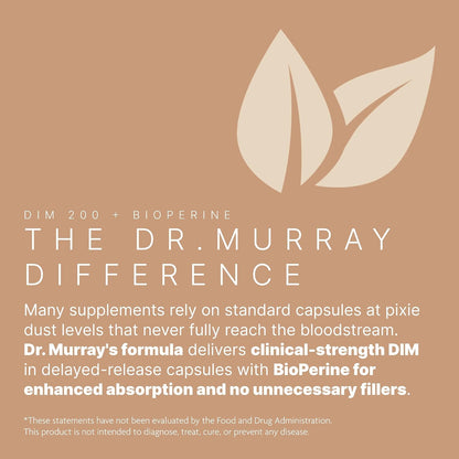 Dr. Murray's Ultra Clean DIM 200 mg & BioPerine Vegan Capsules - Delayed-Release | Estrogen Metabolism Support | Hormonal Balance | Third-Party Tested | GMP Certified| Soy Free & Non-GMO | 60 Count