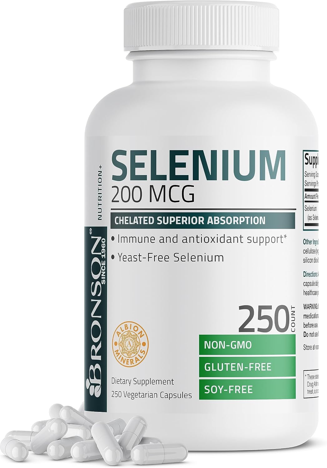 Bronson Selenium 200 mcg Albion Chelated Amino Acid Complex, 250 Capsules | Yeast-Free Essential Trace Mineral, Immune, Prostate & Metabolism Support, Vegetarian, Non-GMO, Gluten-Free & Soy-Free