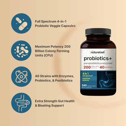 NatureBell Probiotic 200 Billion CFU – 40 Strains Per Serving | 240 Veggie Capsules with Prebiotics and Probiotics – Full Spectrum Complex with Enzymes – Daily Probiotics for Women & Men