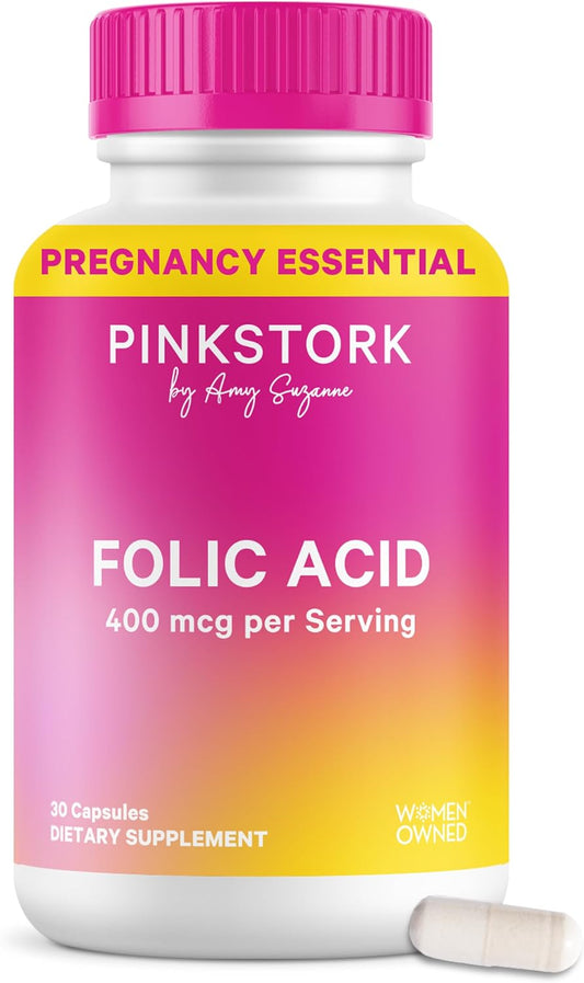 Pink Stork Folic Acid Supplement for Women – 400mcg, 30 Capsules | Daily Vitamin B9, Prenatal & Fertility Support, Supports Red Blood Cell Formation & Energy, Vegetarian