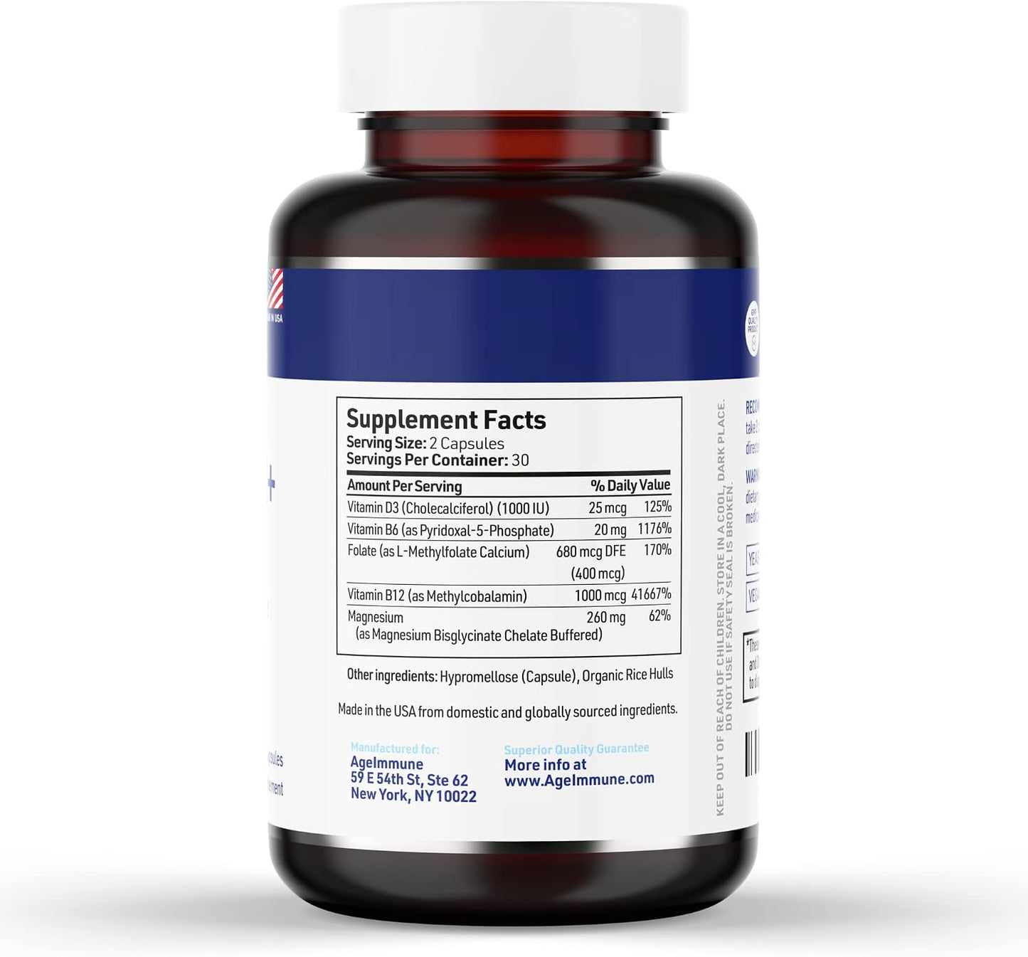 AgeImmune Vitamin B Complex with Vitamin D3 B12 B6 Magnesium Bisglycinate and Folate as Methylfolate - Doctor Formulated Methylated B Complex Supplement – 60 Capsules - Without Niacin