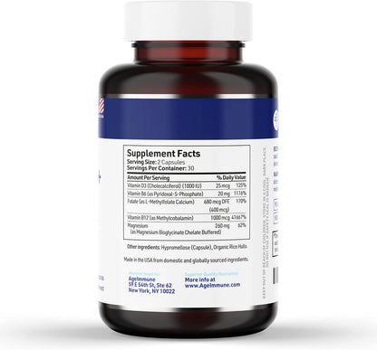 AgeImmune Vitamin B Complex with Vitamin D3 B12 B6 Magnesium Bisglycinate and Folate as Methylfolate - Doctor Formulated Methylated B Complex Supplement – 60 Capsules - Without Niacin