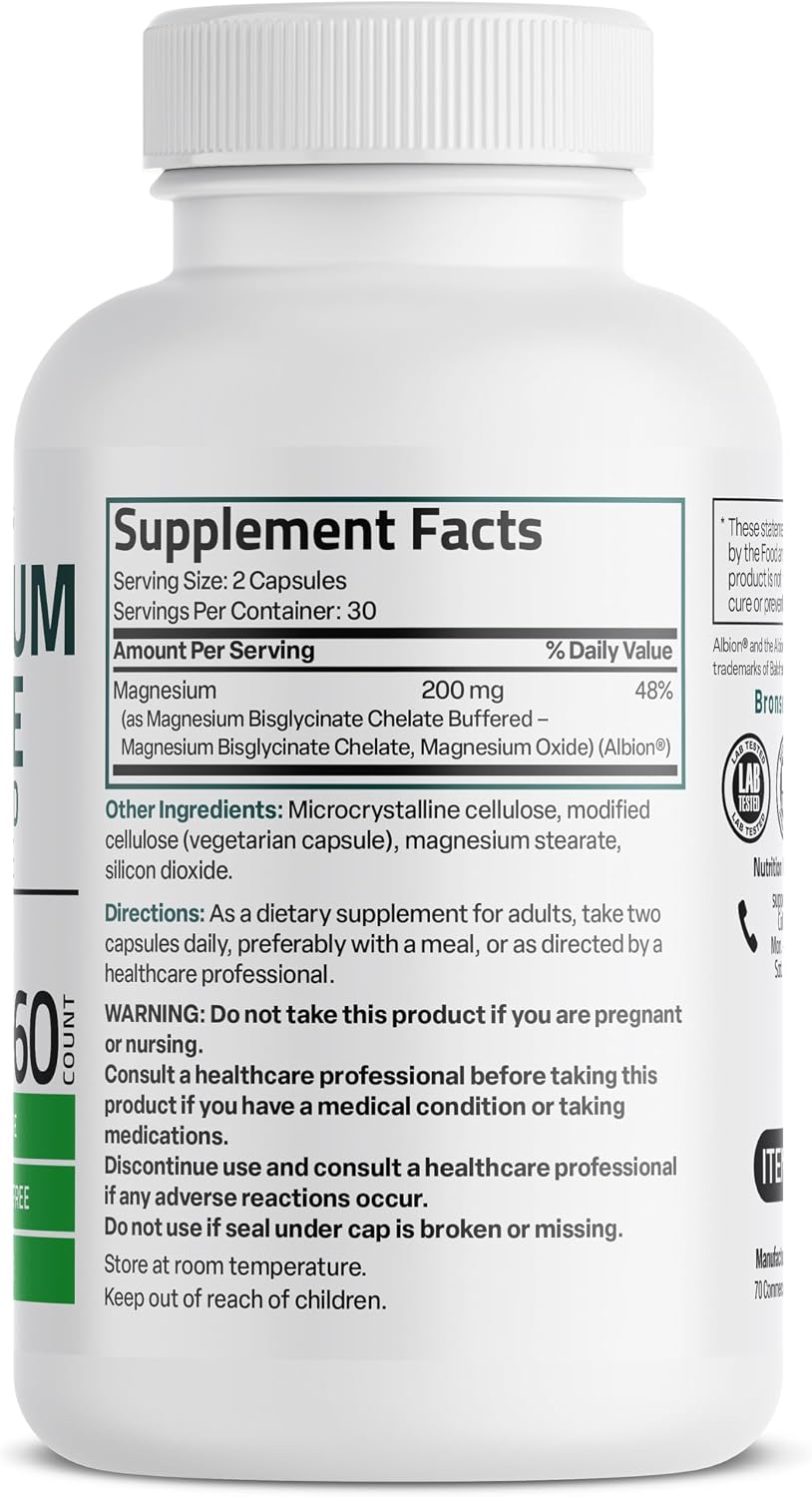 Bronson Magnesium Glycinate 200 MG Chelated High Absorption, 60 Capsules | Stress Relief, Sleep, Heart Health, Nerves, Muscles, and Metabolism Support, Vegetarian, Non-GMO, Gluten Free, Soy Free
