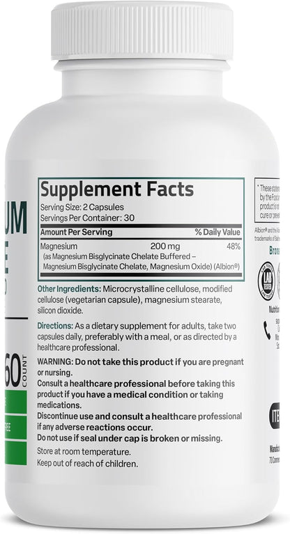 Bronson Magnesium Glycinate 200 MG Chelated High Absorption, 60 Capsules | Stress Relief, Sleep, Heart Health, Nerves, Muscles, and Metabolism Support, Vegetarian, Non-GMO, Gluten Free, Soy Free