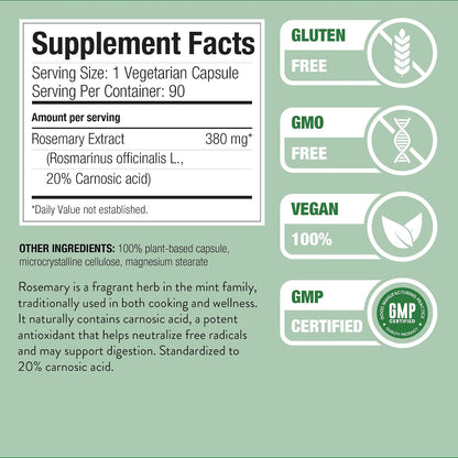 Nature Restore Rosemary Extract Supplement, Standardized to 20 Percent Carnosic Acid, 90 Capsules, Manufactured in USA, Non GMO, Gluten Free
