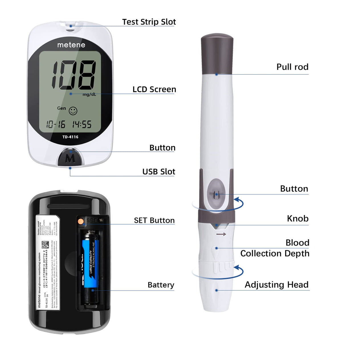 Metene TD-4116 Blood Glucose Monitor Kit, 100 Glucometer Strips