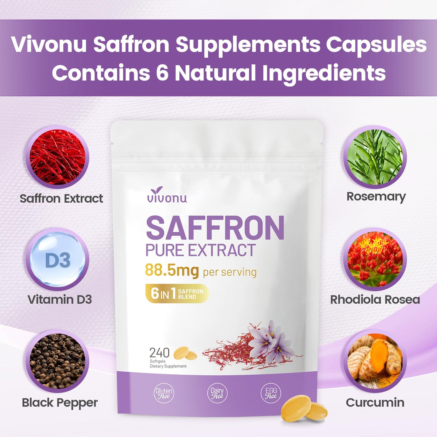 Saffron Supplements Softgels, Saffron Extract Capsules Supports Eyes Health, Energy, Mood, Immunity, Focus, Rich in Vitamin and Extracts of Saffron, Turmeric, Rosemary (240 Softgels / 1 Bag)