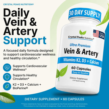Vein & Artery Supplement - Blood Flow Supplement with Calcium - Blood Circulation Support for Men, Women - Circulation and Vein Support - 60 ct