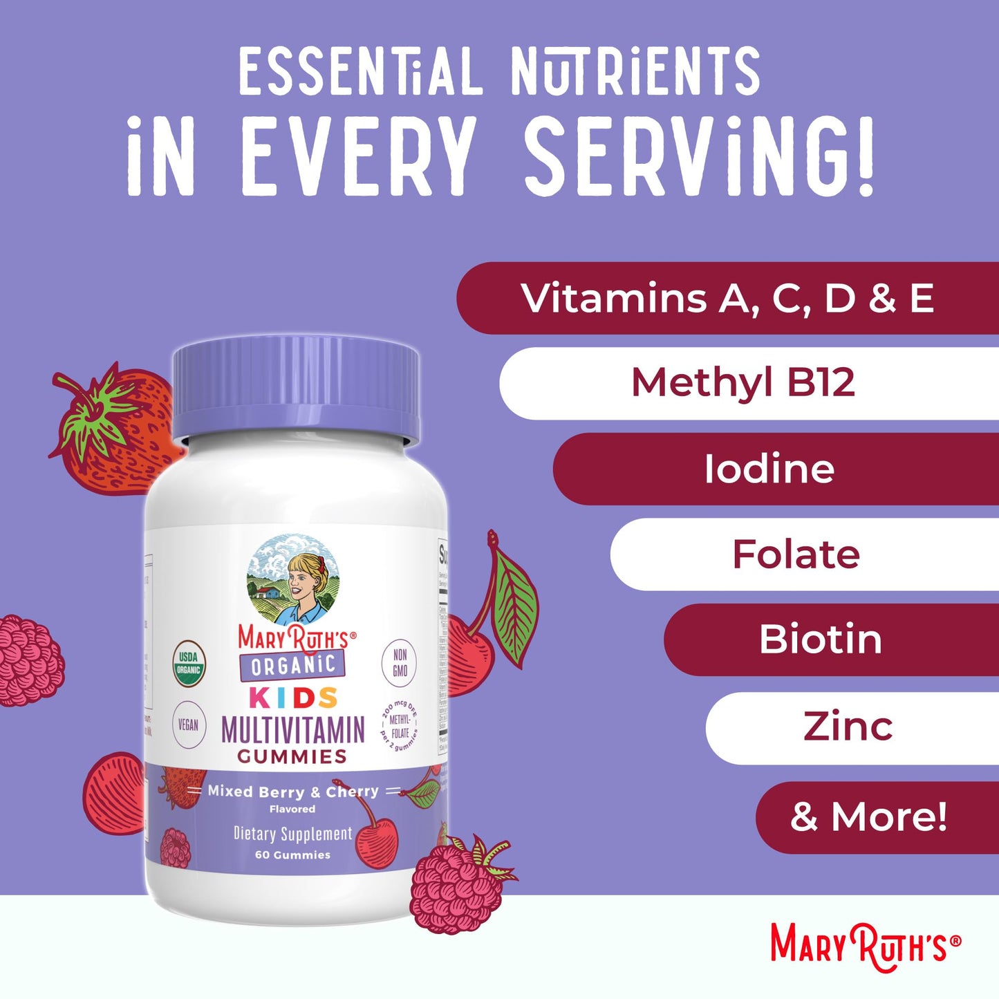 MARYRUTH'S Kids Vitamins | Multi | 1 Month Supply | Multivitamin Gummies for Ages 4+ | Multivitamin for Kids | Vegan | Only 2 Gummies a Day | 60 Count