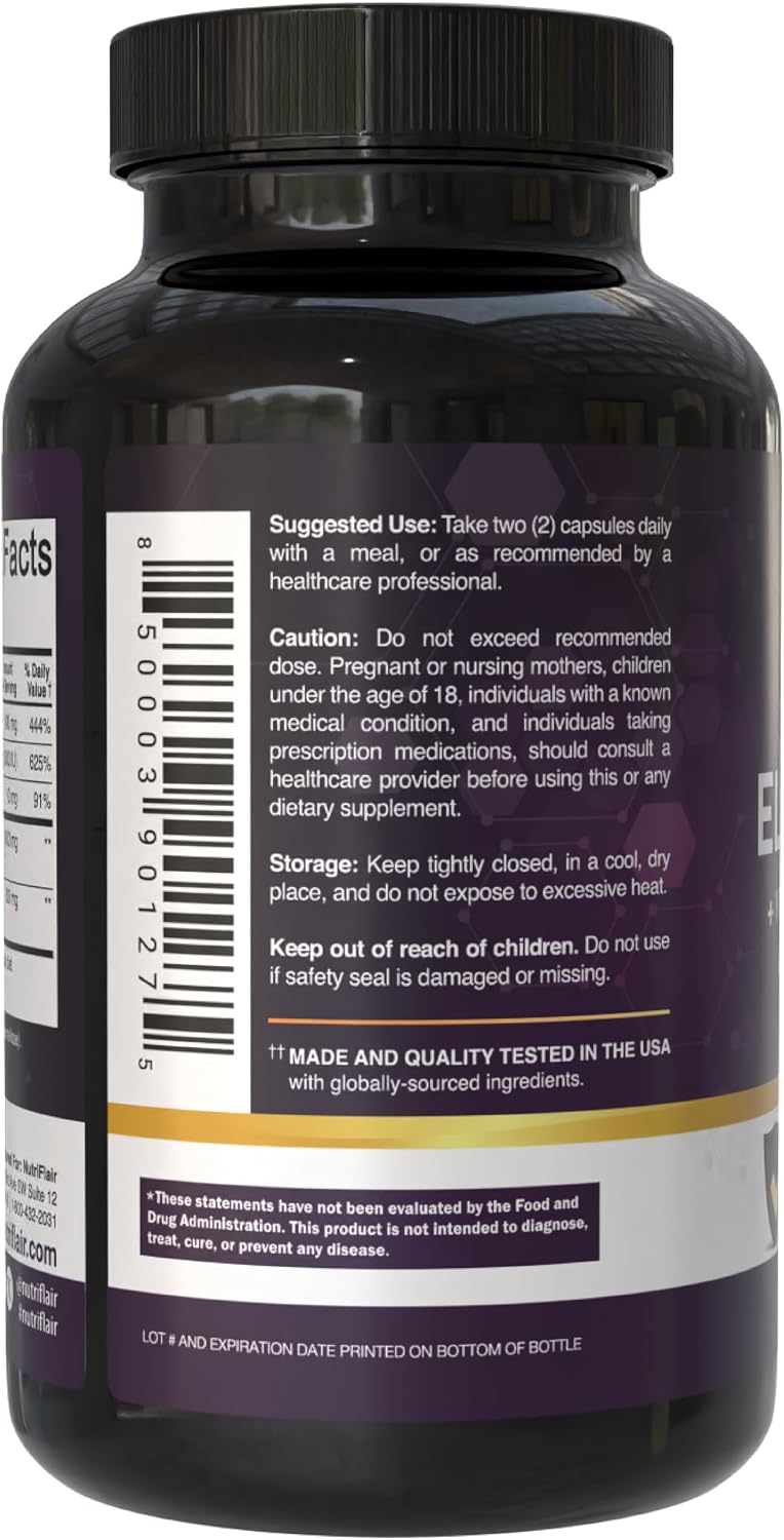 NutriFlair Sambucus Elderberry Capsules, 120 Capsules (2-Month Supply) - Elderberry Extract with Vitamin C, Vitamin D3, Zinc & Ginger - Daily Wellness Support