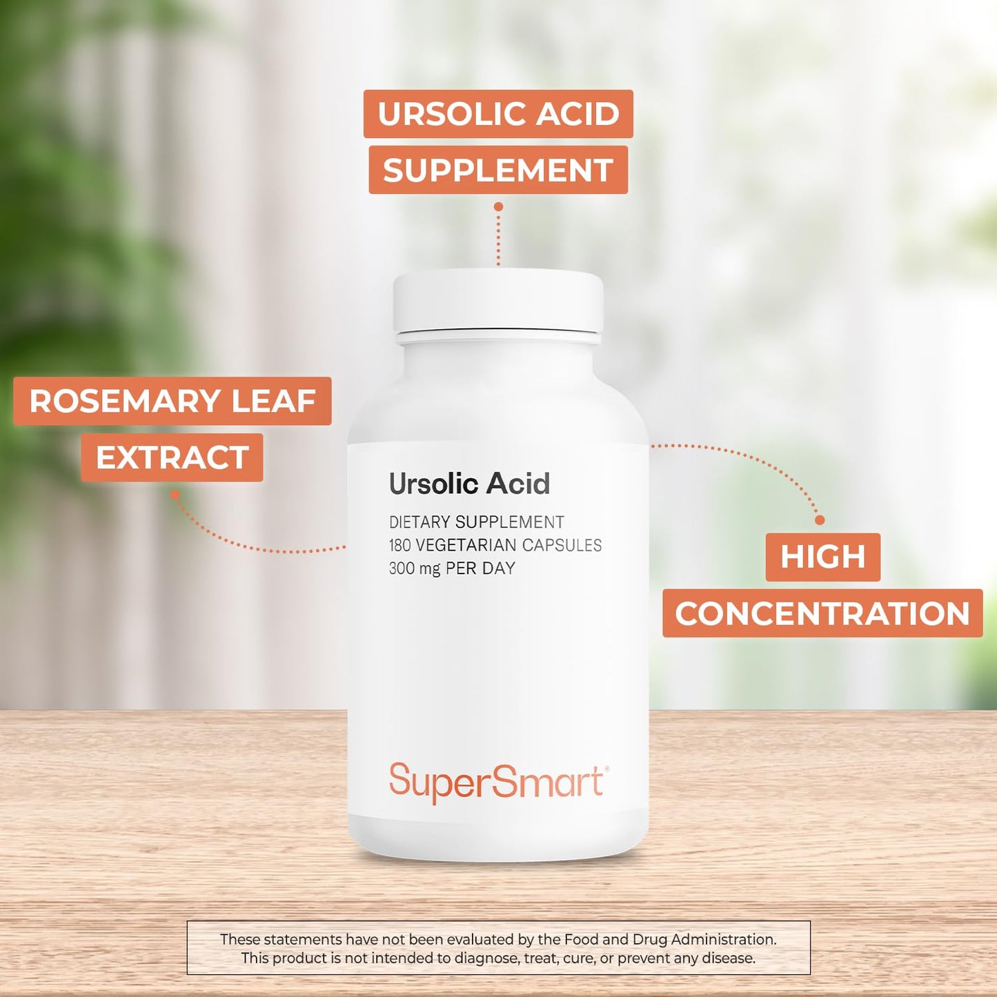 Supersmart - Ursolic Acid 300mg per Day (Well-Tolerated) - Rosemary Leaf Extract Supplement | Non-GMO & Gluten Free - 90 Vegetarian Capsules