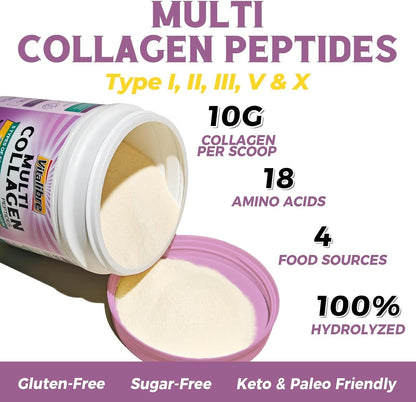 Vitalibre Multi Collagen Peptides Powder Type I II III V X, Hydrolyzed Collagen Protein for Women and Men, Skin, Hair, Nails, Unflavored, Non-GMO, Keto & GF, Zero Sugar, 22 Servings, 8oz