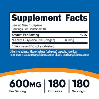 Nutricost N-Acetyl L-Cysteine (NAC) 600mg, 180 Capsules | GMO-Free And Gluten Free