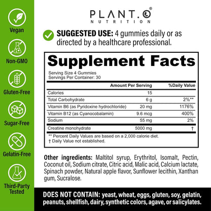 Creatine Monohydrate Gummies Sugar Free – 5000mg (5g) Per Serving (4 Gummies), 120 Count – Crisp Sour Green Apple Flavor – No Mixing – Vegan Creatine Gummies for Men & Women, Non-GMO, Gluten Free