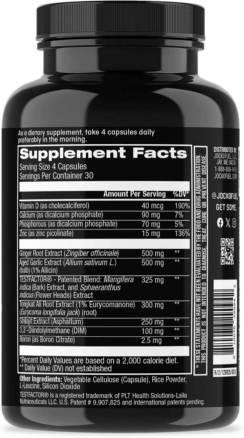 Jocko Fuel Test Booster for Men - Natural Endurance, Stamina, & Strength Booster - Muscle Builder for Men with Ginger Root, Shilajit, & Tongkat Ali, 120ct (30 Servings)