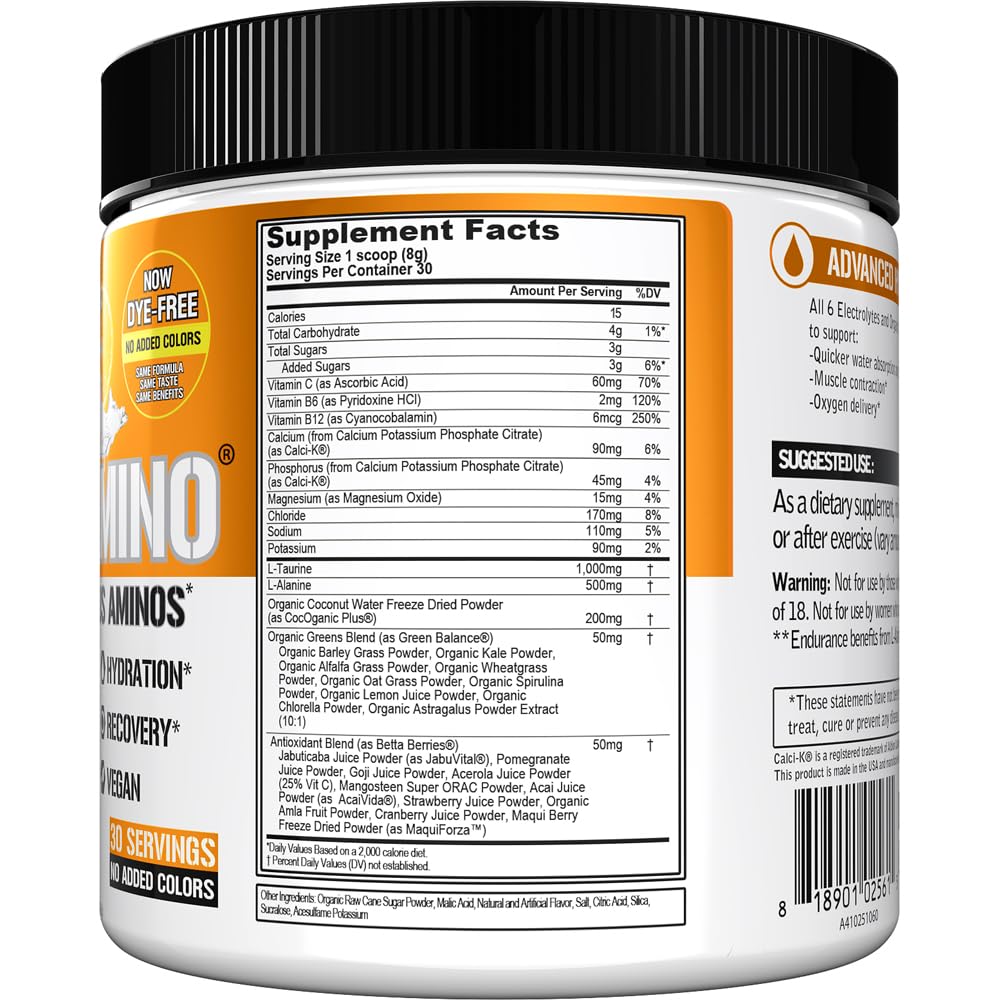 Evlution Nutrition HYDRAMINO Complete Hydration Multiplier, 6 Electrolytes, Vitamin C & B, Fluid Boosting Aminos, Coconut Water, Endurance, Recovery, Antioxidants, 30 Serve, Orange Mango (Dye Free)