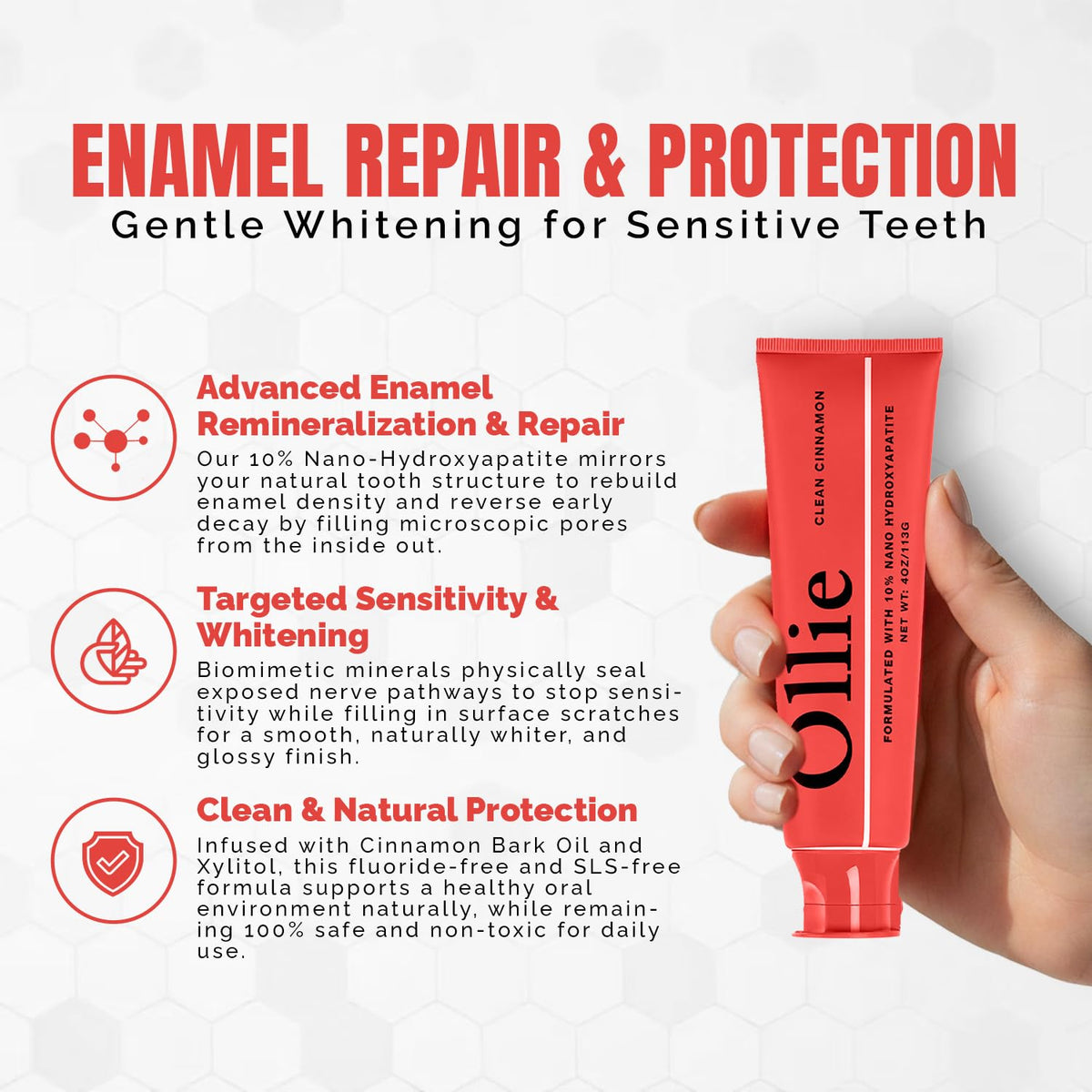 Ollie Fluoride Free 10% Nano Hydroxyapatite Toothpaste, Clean Mint, 1 Pack