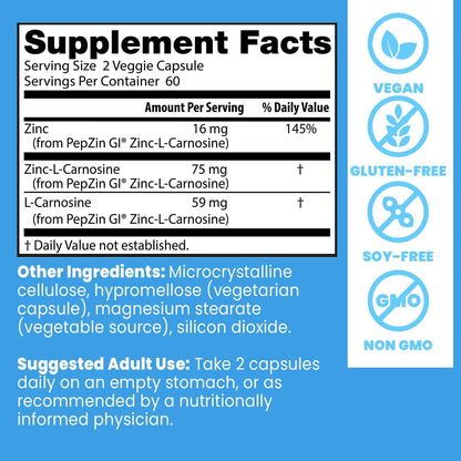 Doctor's Best PepZin GI, Zinc-L-Carnosine Complex for Men & Women - Zinc Carnosine Supplement Caps for Gut Health, Digestive Support, & Stomach Comfort, Vegan, Gluten Free - 120 Veg Capsules