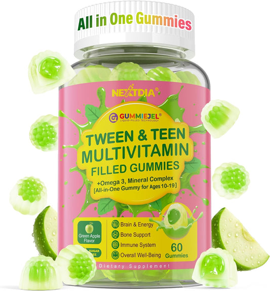 Nextdia Multivitamin Gummies with Iron for Teen Boys Girls 12-17, Kids/Children & Teenagers Ages 10–19 Vitamins w/Omega 3, Magnesium + Zinc, Multi-Minerals for Adolescent Brain, Bone, Energy, Immune