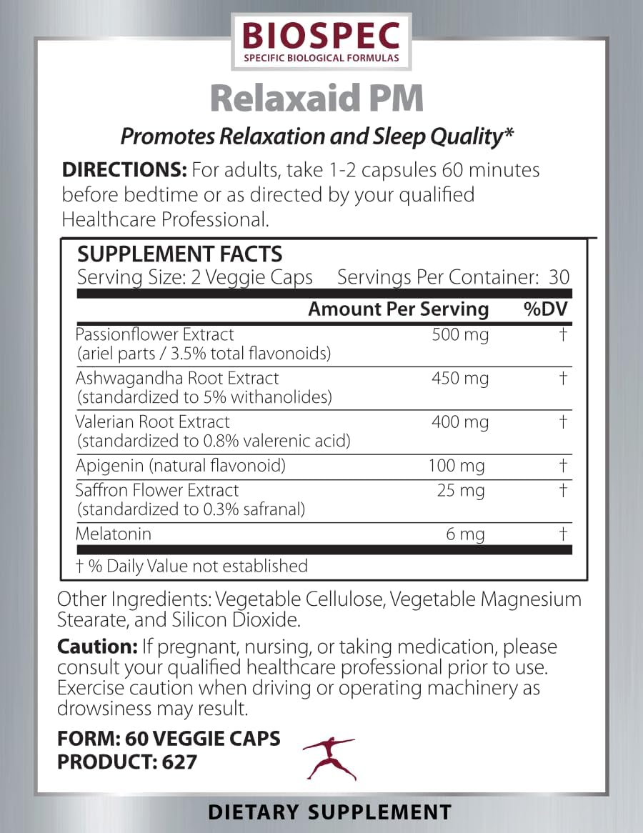 BIOSPEC NUTRITIONALS RELAXAID PM - Melatonin, Saffron, Ashwagandha, Valerian, Passionflower, Apigenin, Sleep Support