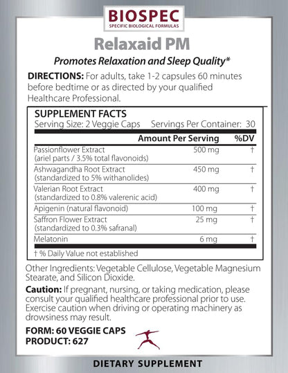 BIOSPEC NUTRITIONALS RELAXAID PM - Melatonin, Saffron, Ashwagandha, Valerian, Passionflower, Apigenin, Sleep Support