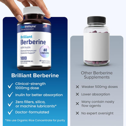 AgeImmune Berberine 1000mg Supplement Complex with Inulin Prebiotic - Berberine HCL 500mg per Capsule - Doctor Formulated and Third Party Tested Berberine Supplement