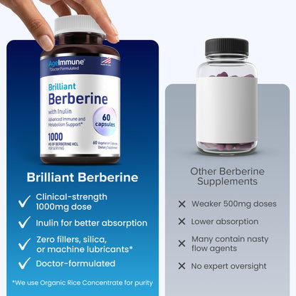 AgeImmune Berberine 1000mg Supplement Complex with Inulin Prebiotic - Berberine HCL 500mg per Capsule - Doctor Formulated and Third Party Tested Berberine Supplement
