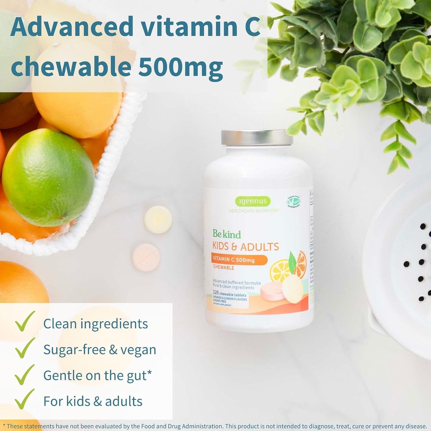 Igennus Vitamin C Chewable 250-500mg Gentle & Buffered for Kids & Adults | Optimized Absorption with Sodium Ascorbate & Ascorbic Acid, Sugar Free Natural Orange & Lemon Flavors, 120–240 Servings