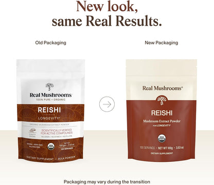 Real Mushrooms Reishi Mushroom Powder - Handpicked Organic Mushroom Extracts - Red Reishi for Tranquil Daily Wellness with Verified Beta Glucans Vegan, Non-GMO, No Grain Fillers, 100 Servings